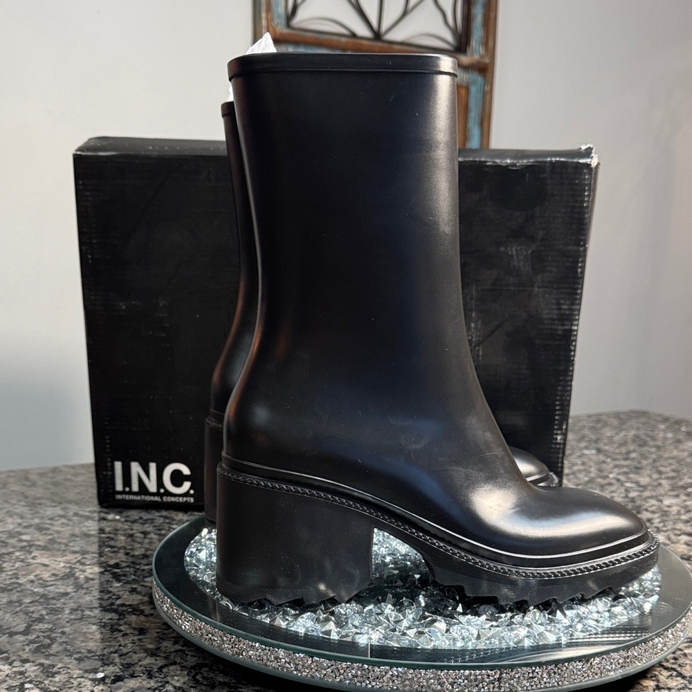 INC International Concepts Black rain boot Heeled Boots NWT 9